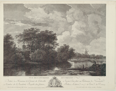 31637 Gezicht op een rivier in de omgeving van Utrecht, met tussen de bomen een kerktoren.N.B. 18de-eeuwse prent (ets) ...